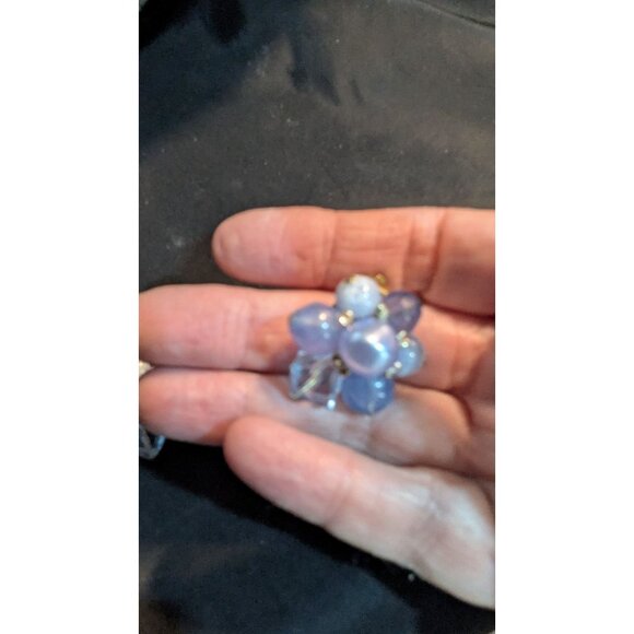 Vintage Clip-On Bead Cluster Earrings Blue Floral Design Made In W Germany - Picture 3 of 8